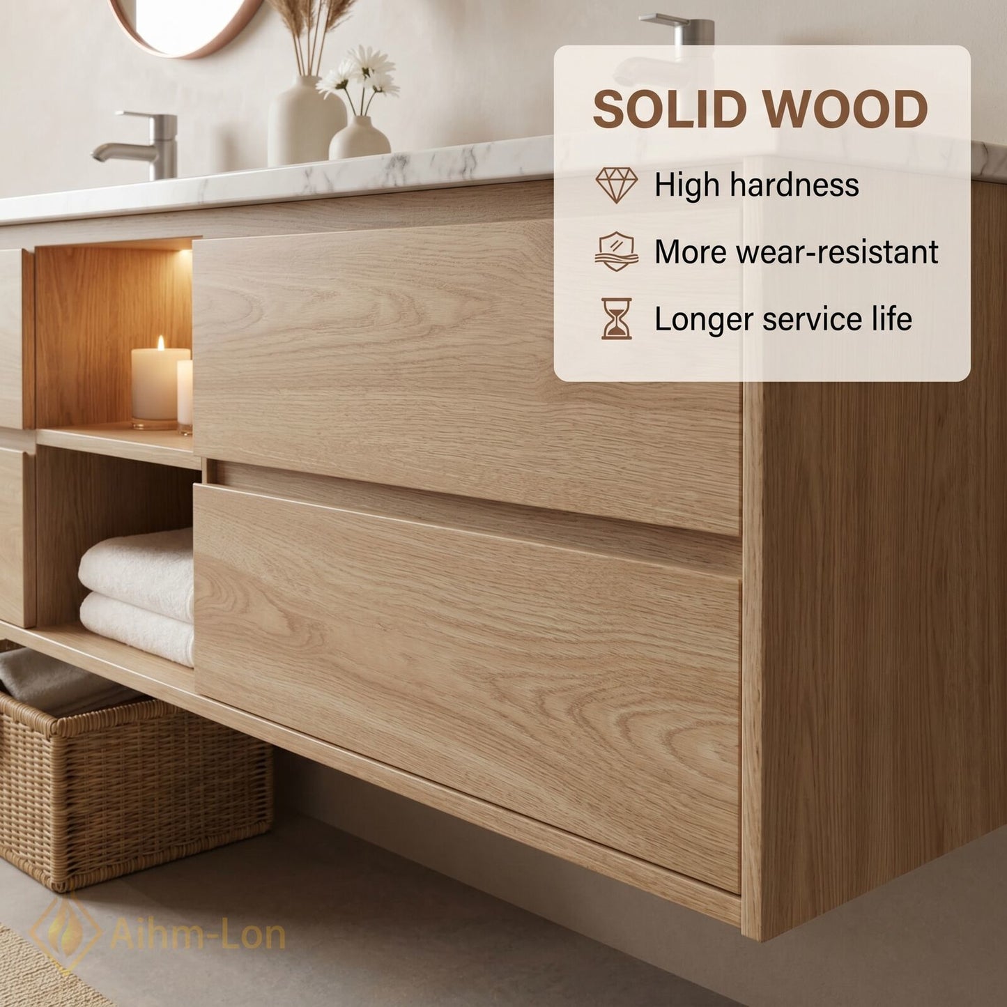 60''-96'' Floating Bathroom Vanity with Sink Double Sink Solid Wood Grain Open Shelving