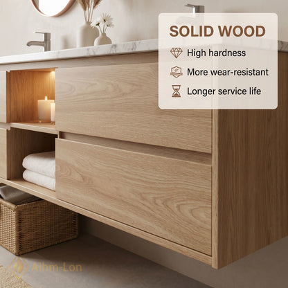 60''-96'' Floating Bathroom Vanity with Sink Double Sink Solid Wood Grain Open Shelving