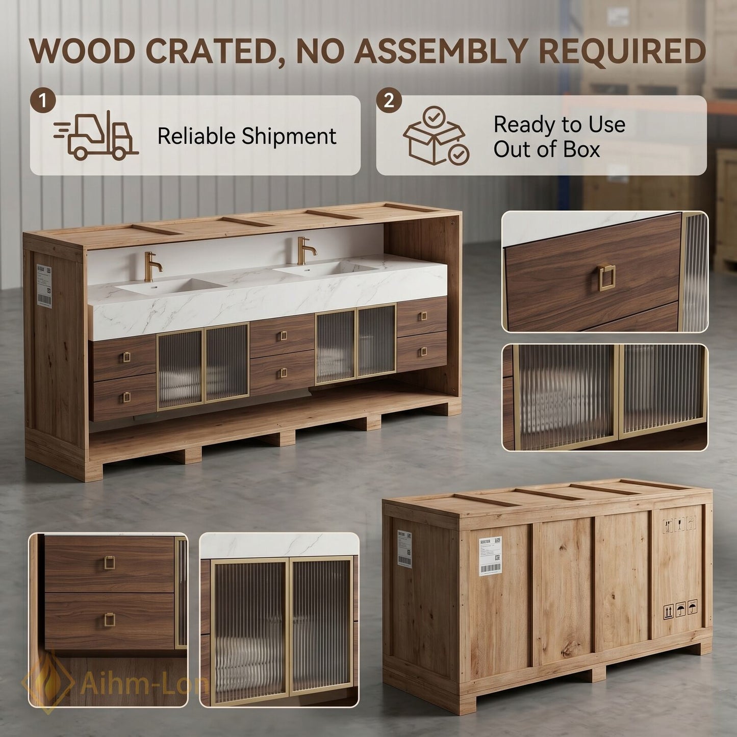 70''-96'' Double Bathroom Vanity with Sink Floating Solid-Wood Mirror-Cabinet Glass Doors Base