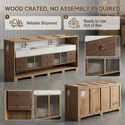 70''-96'' Double Bathroom Vanity with Sink Floating Solid-Wood Mirror-Cabinet Glass Doors Base