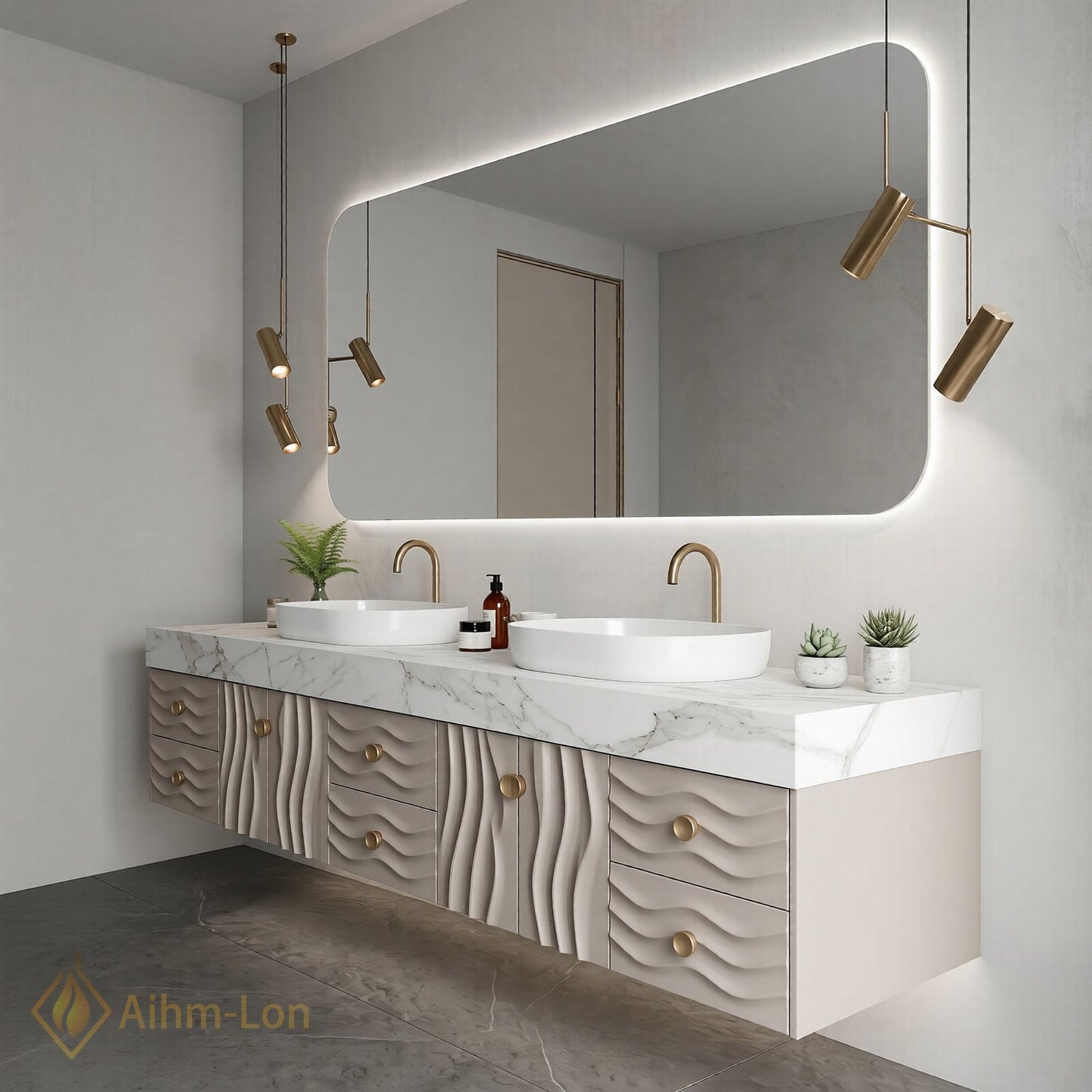 70''-96'' Double Bathroom Vanity with Sink Floating Wave Carve Marble Top Storage