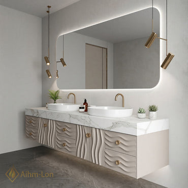70''-96'' Double Bathroom Vanity with Sink Floating Wave Carve Marble Top Storage