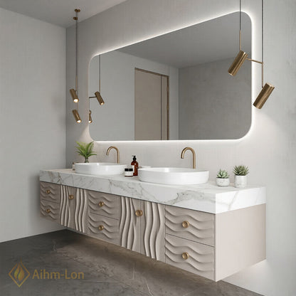 70''-96'' Double Bathroom Vanity with Sink Floating Wave Carve Marble Top Storage