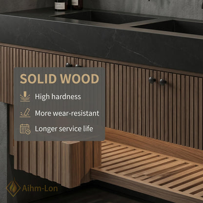 60''-96'' Double Bathroom Vanity with Sink Modern Floating Slatted Wood Dark Stone