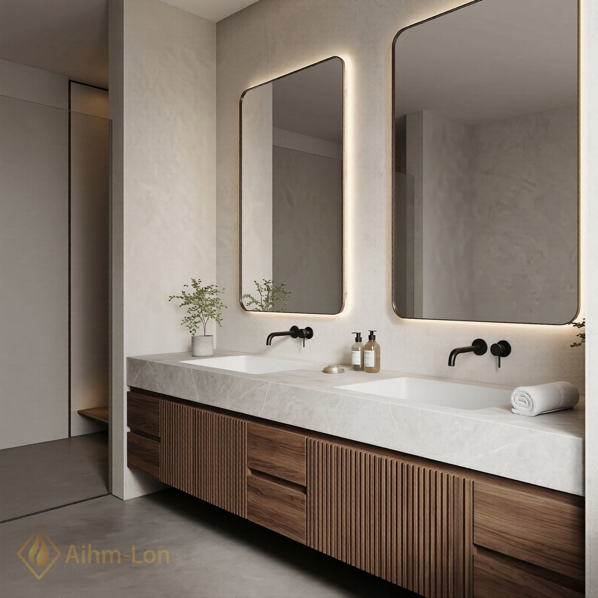 76''-96'' Double Bathroom Vanity with Sink Dark Walnut Finish Slatted Front Design