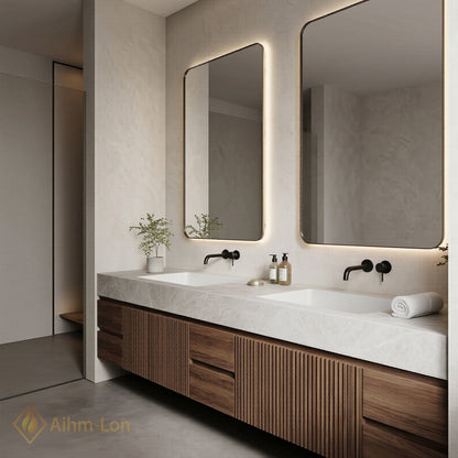 76''-96'' Double Bathroom Vanity with Sink Dark Walnut Finish Slatted Front Design