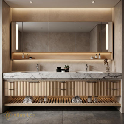 76''-96'' Modern Floating Bathroom Vanity with Sink Double Basin Vertical Slatted Front