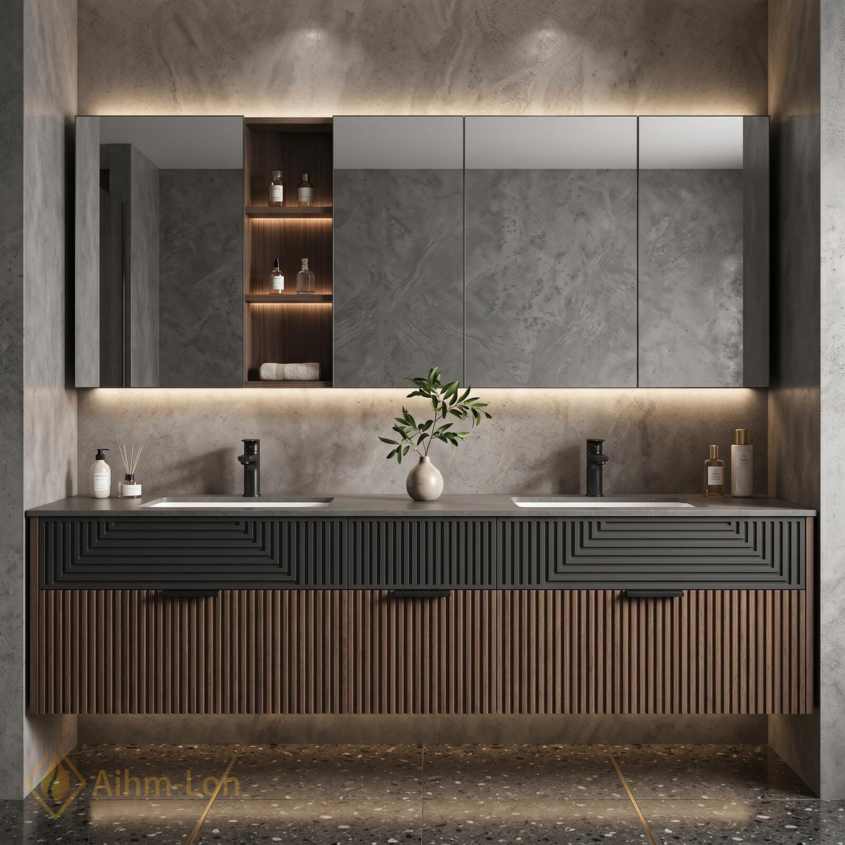 60''-96'' Double Bathroom Vanity with Sink Two Tone Floating Geometric Panels Mirror