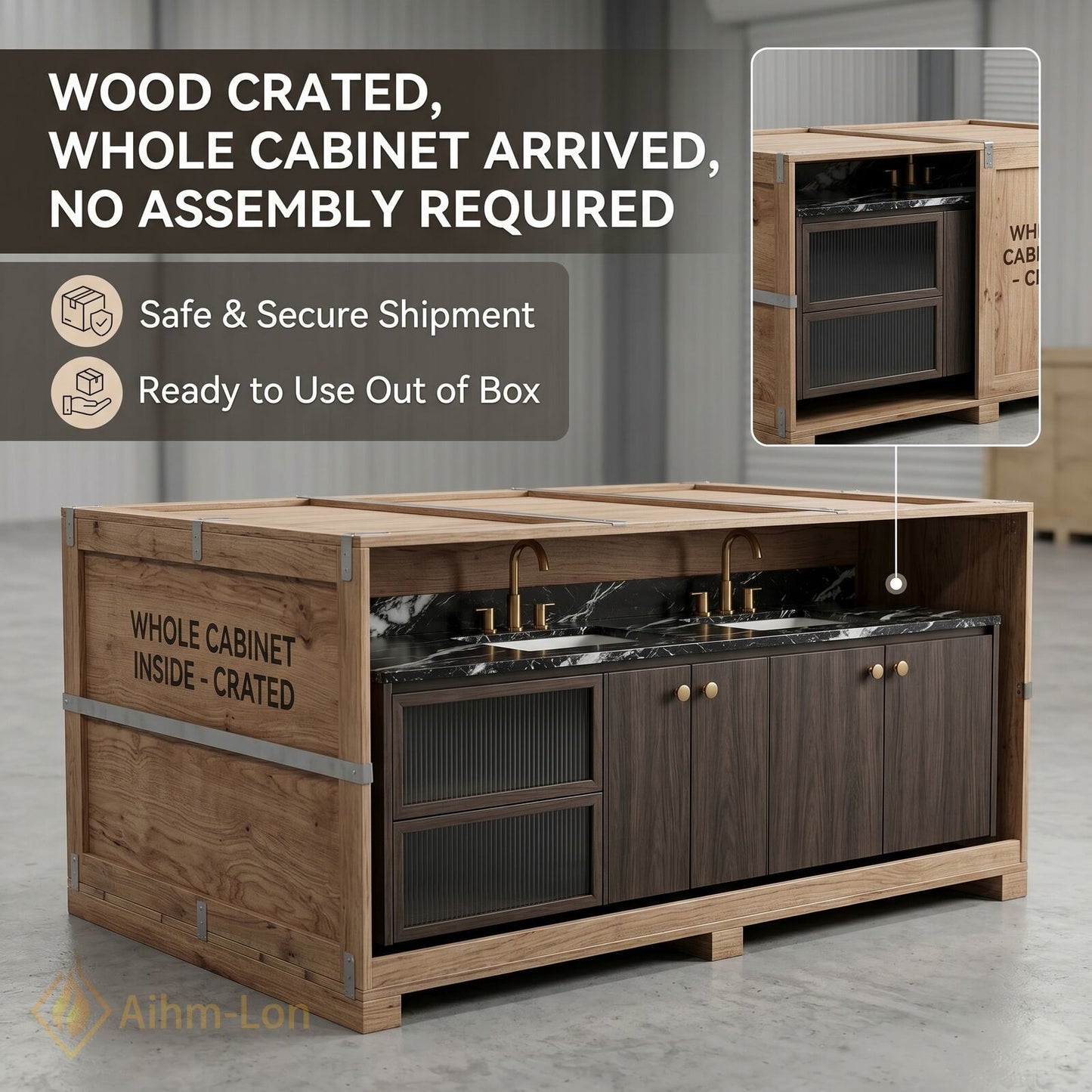 60''-96'' Modern Bathroom Vanity with Sink Double Sink Dark Wood Grained Floating Cabinet