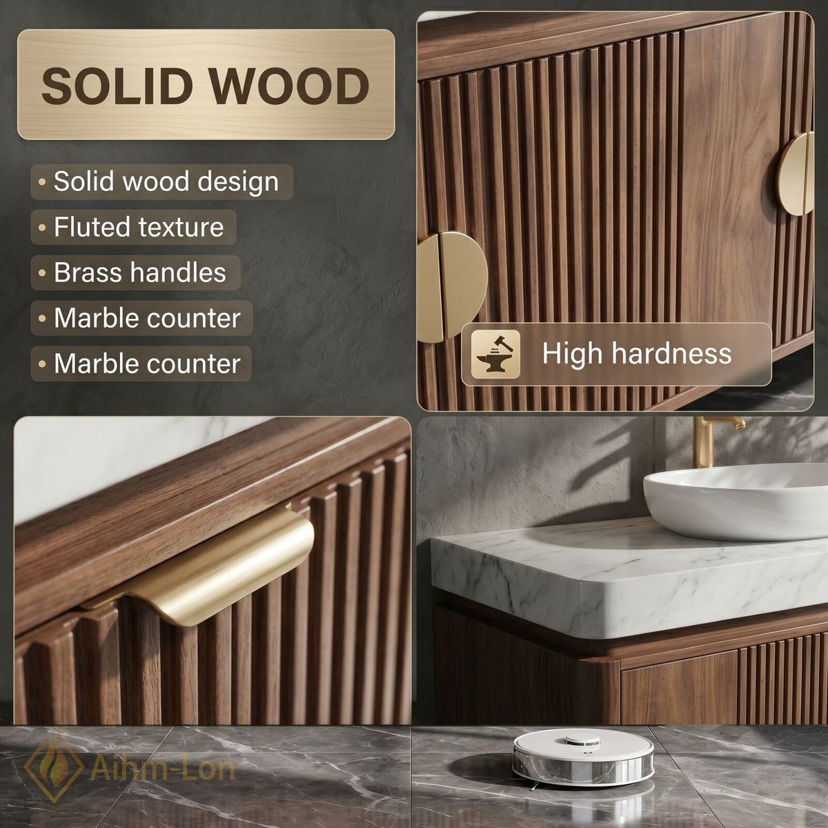 76''-96'' Double Bathroom Vanity with Sink Warm Wood Marble Top Gold Knobs