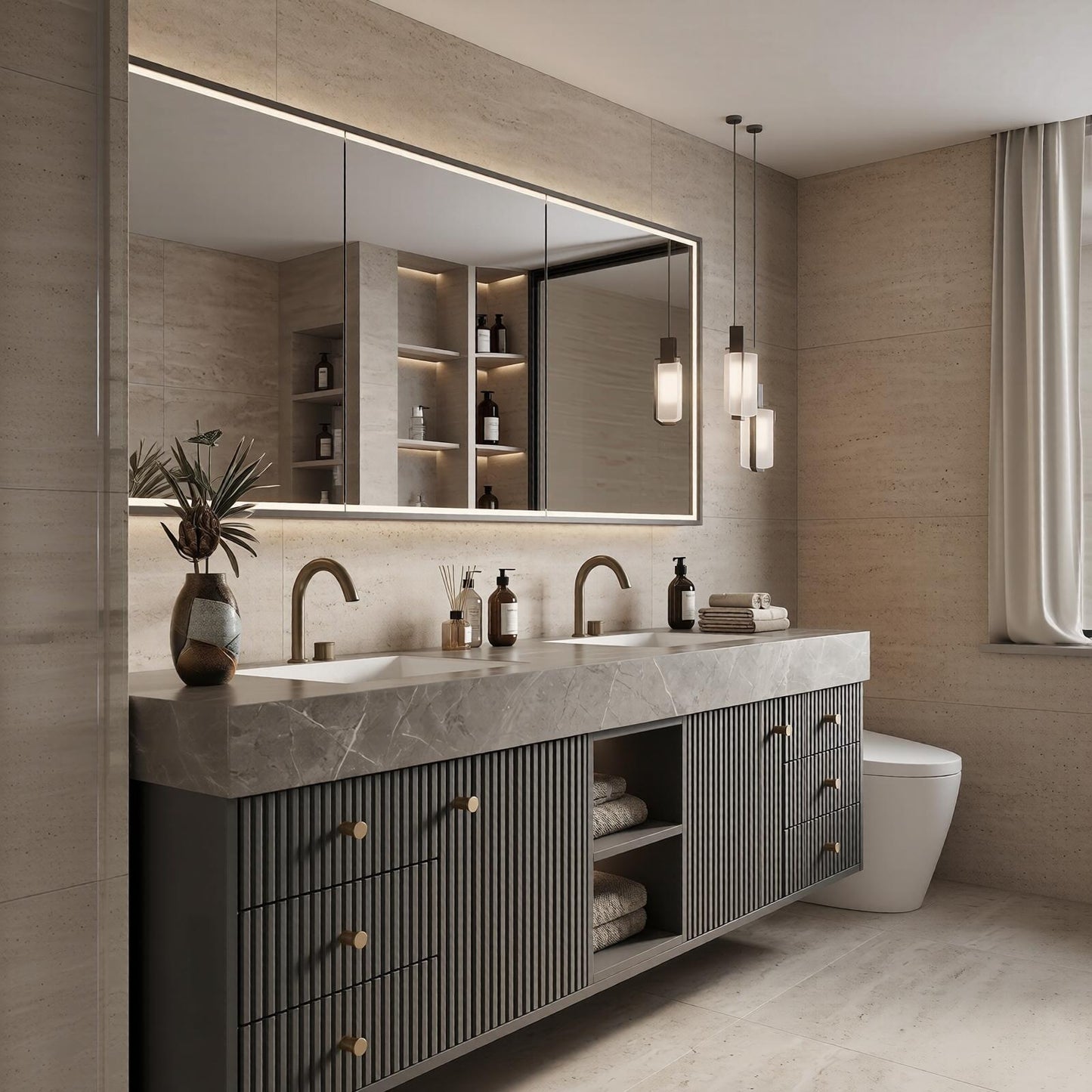 60''-96'' Modern Bathroom Vanity with Sink Double Sink Slatted Front Stone-Look Center Cabinet
