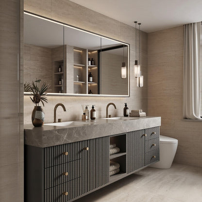 60''-96'' Modern Bathroom Vanity with Sink Double Sink Slatted Front Stone-Look Center Cabinet