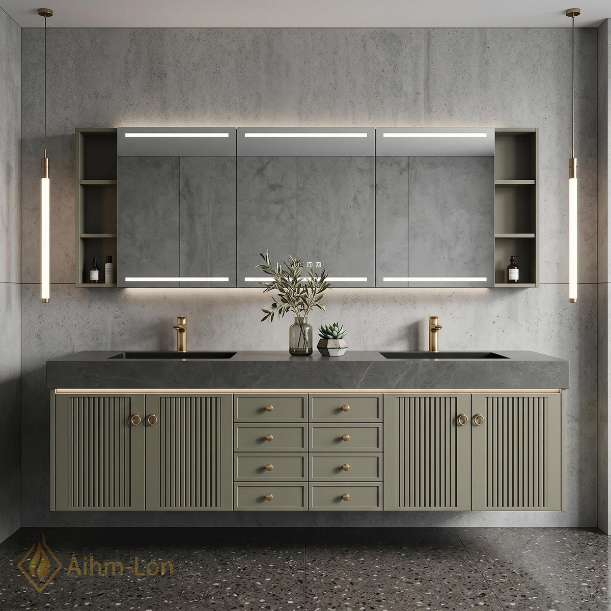 60''-96'' Double Bathroom Vanity with Sink Fluted Panel Doors Olive Green Finish