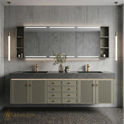 60''-96'' Double Bathroom Vanity with Sink Fluted Panel Doors Olive Green Finish