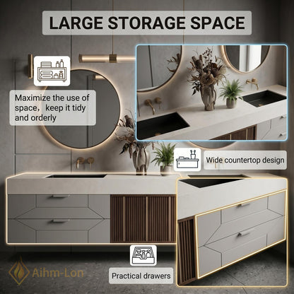 60''-96'' Double Bathroom Vanity with Sink Wood Modern Floating Drawers Slatted-Panel