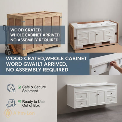 60''-96'' Double Bathroom Vanity with Sink Flush Panel Glass Cabinet Drawers Solid Wood