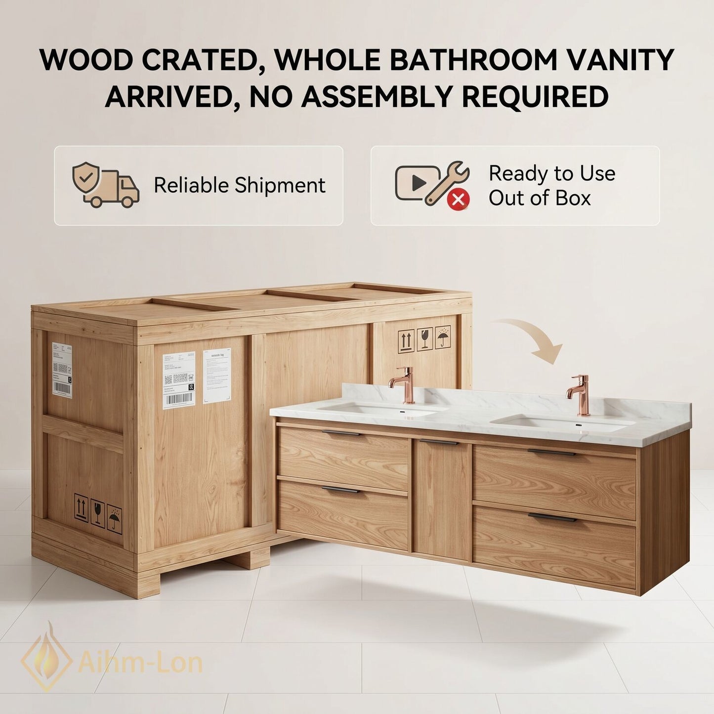 60''-96'' Modern Bathroom Vanity with Sink Floating Oak Marble Oval LED Mirror