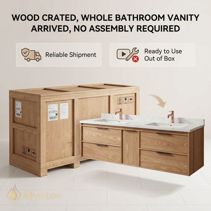 60''-96'' Modern Bathroom Vanity with Sink Floating Oak Marble Oval LED Mirror