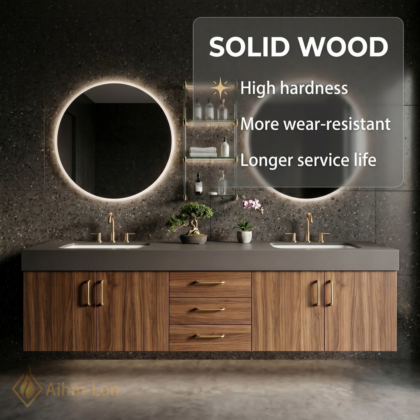 60''-96'' Double Bathroom Vanity with Sink Floating Stone-Top Dark Wood Unit Spacious