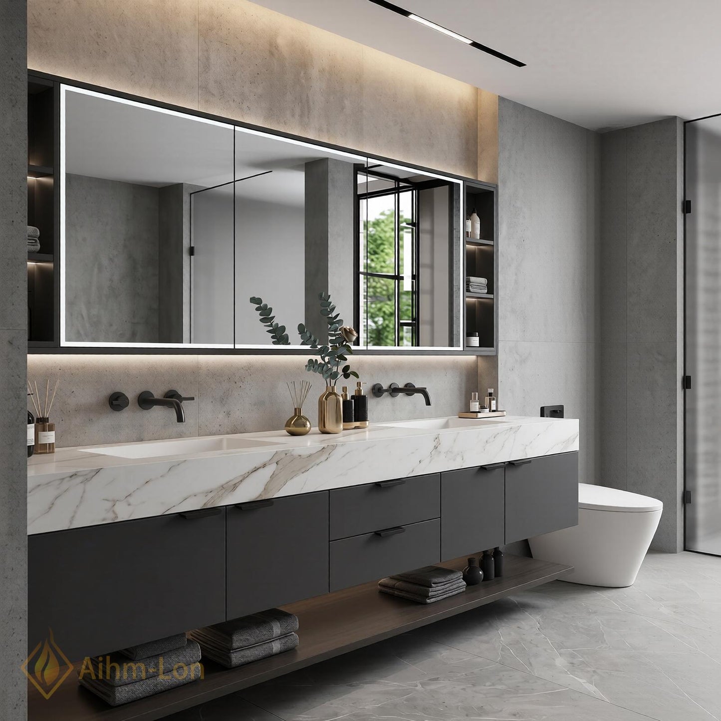 70''-96'' Double Bathroom Vanity with Sink Modern Floating Marble-Look Shelf Large Base
