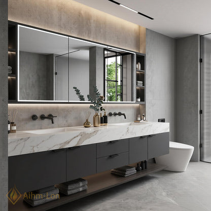70''-96'' Double Bathroom Vanity with Sink Modern Floating Marble-Look Shelf Large Base