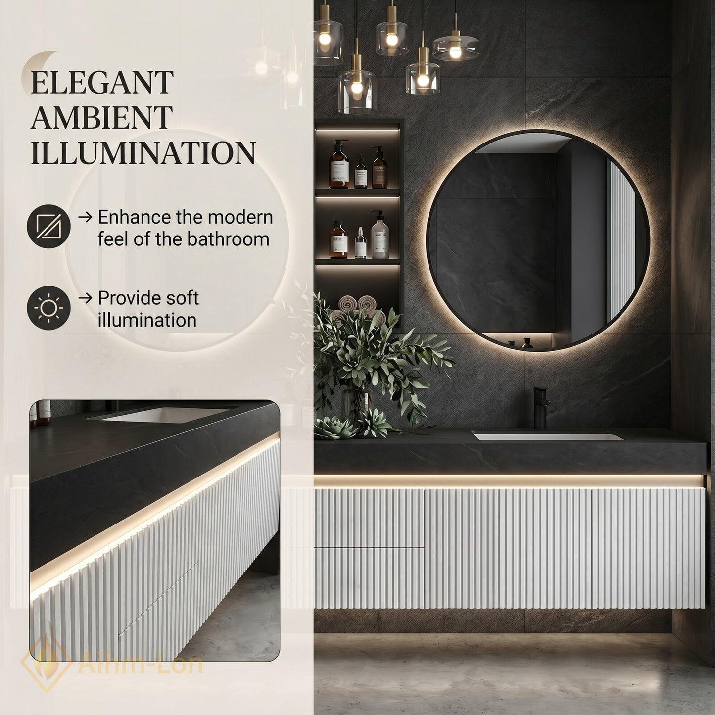 78''-96'' Double Bathroom Vanity with Sink Ribbed Front Panels Dark Stone Effect