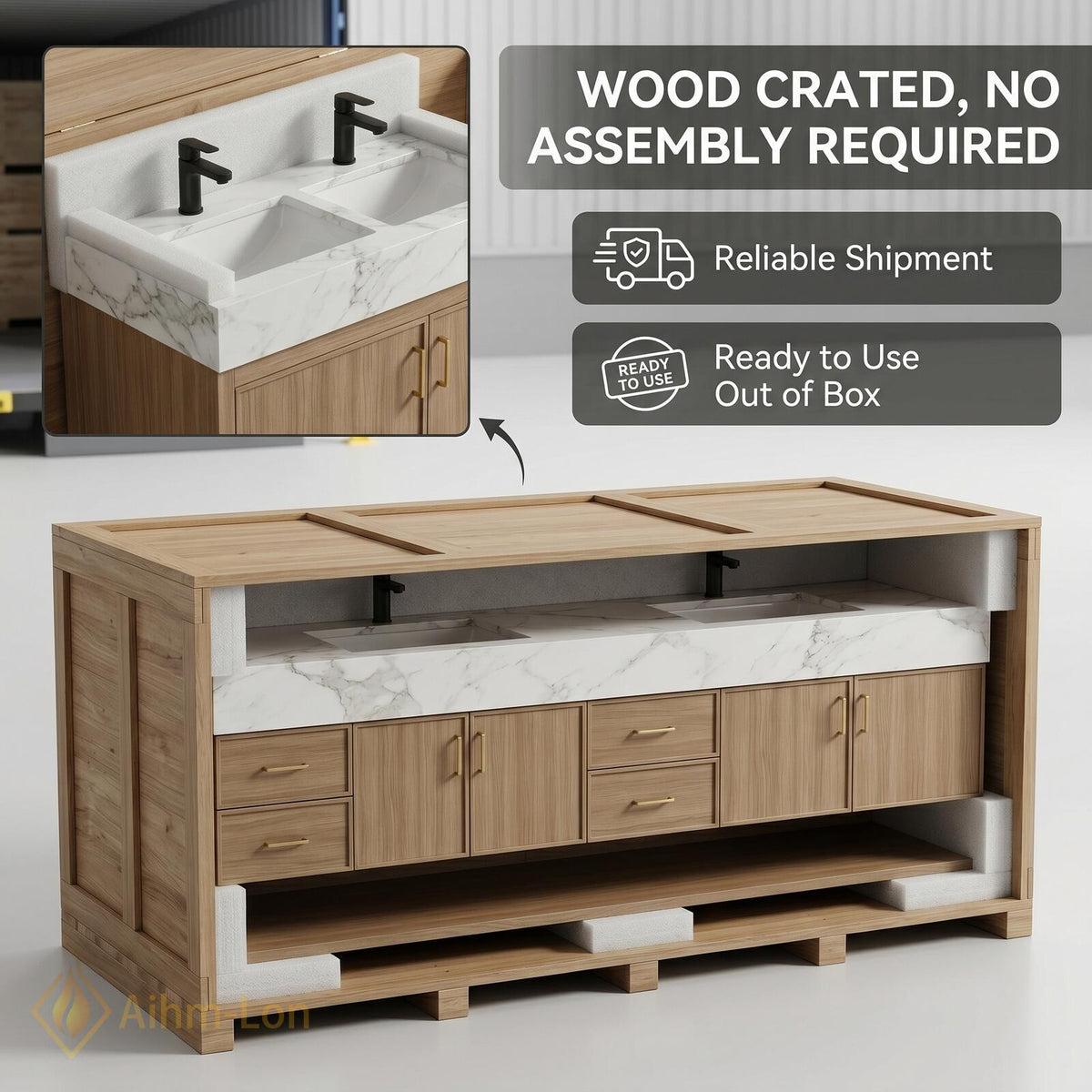 60''-96'' Bathroom Vanity with Sink Modern Floating Marble Top Light Wood Frame