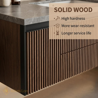 60''-96'' Bathroom Vanity with Sink Modern Floating Dark Wood Finish Slatted Front