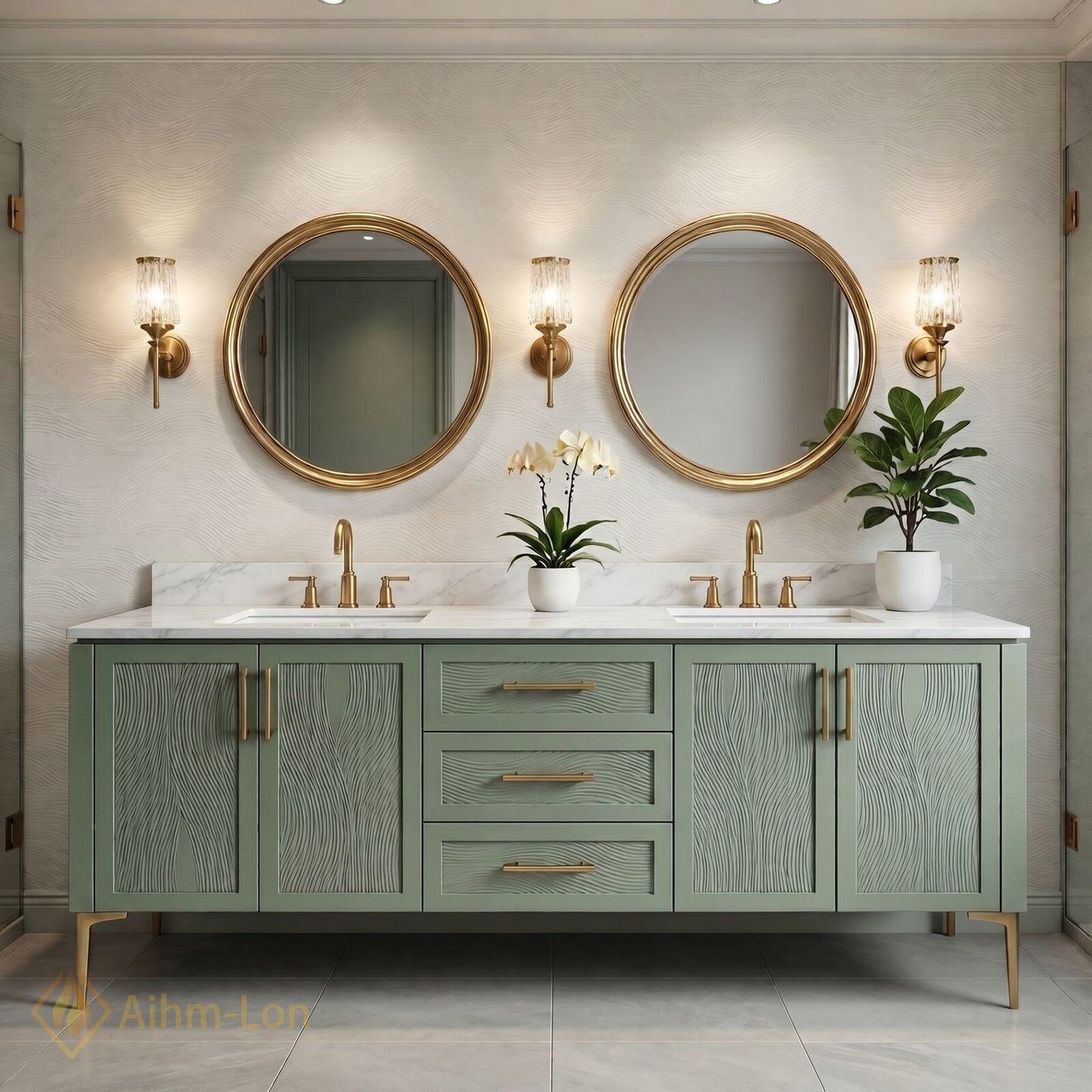 72''-96'' Modern Bathroom Vanity with Sink Sage Green Textured Marble Gold Drawers