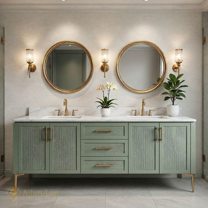 72''-96'' Modern Bathroom Vanity with Sink Sage Green Textured Marble Gold Drawers