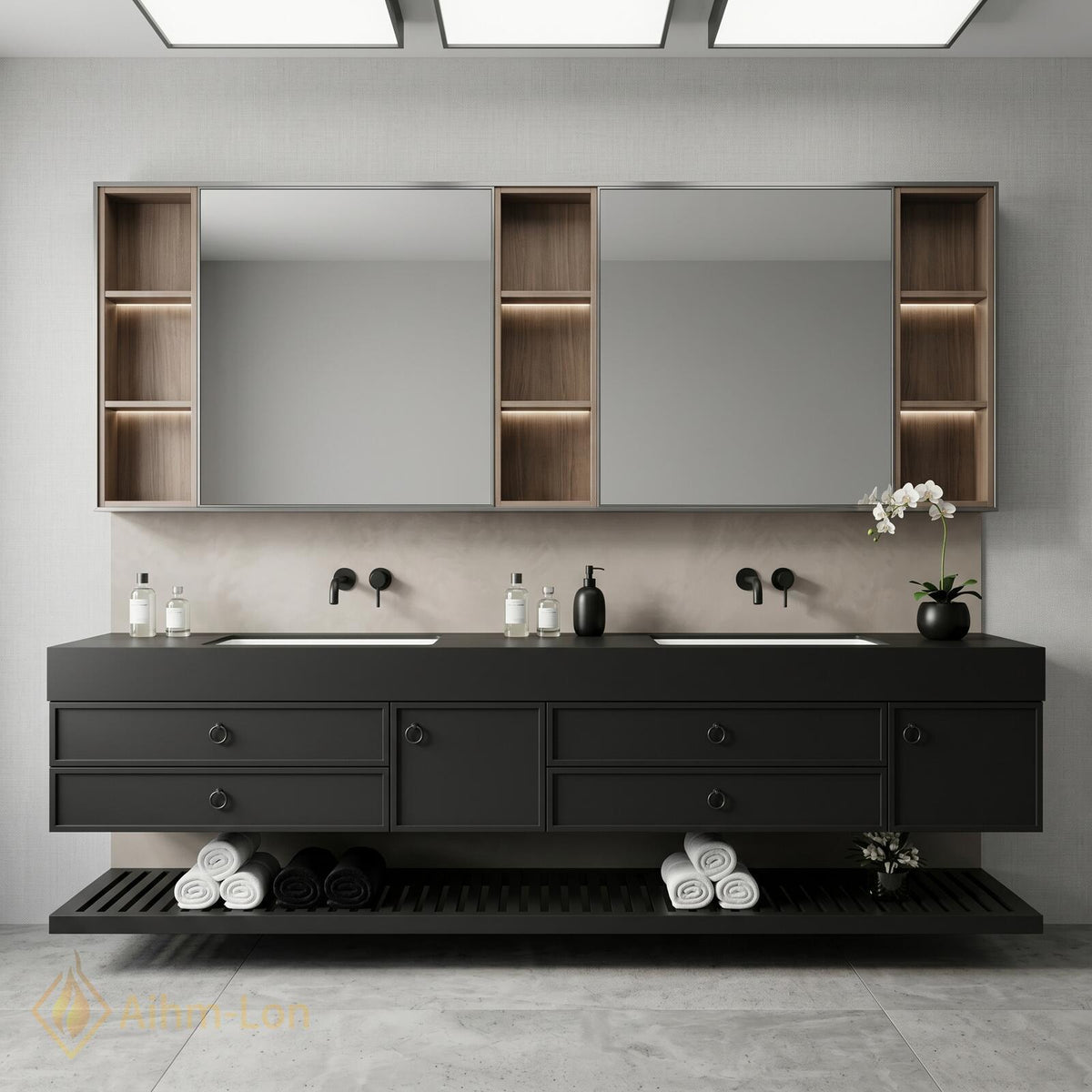 60''-96'' Double Bathroom Vanity with Sink Floating Dark Matte Finish Open Shelving