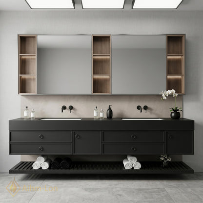 60''-96'' Double Bathroom Vanity with Sink Floating Dark Matte Finish Open Shelving