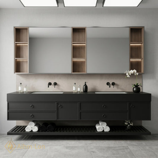 60''-96'' Double Bathroom Vanity with Sink Floating Dark Matte Finish Open Shelving