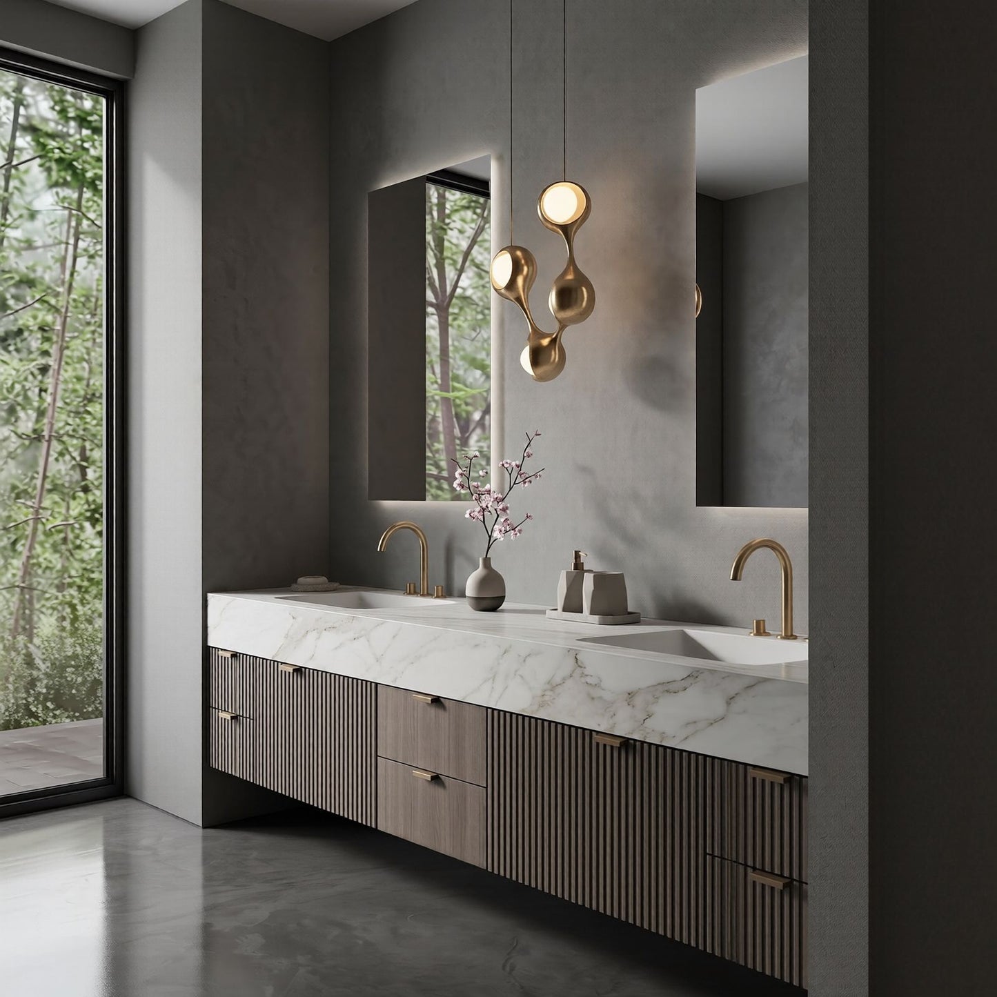 72''-96'' Modern Bathroom Vanity with Sink Double Sink Ridge-Panel Marble-Effect Mirror Cabinet