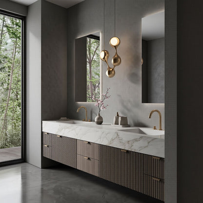 72''-96'' Modern Bathroom Vanity with Sink Double Sink Ridge-Panel Marble-Effect Mirror Cabinet