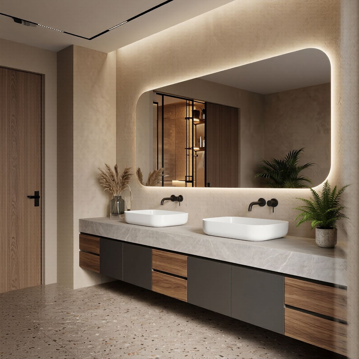 70''-96'' Modern Bathroom Vanity with Sink Double Sink Split Panels Natural Wood Finish