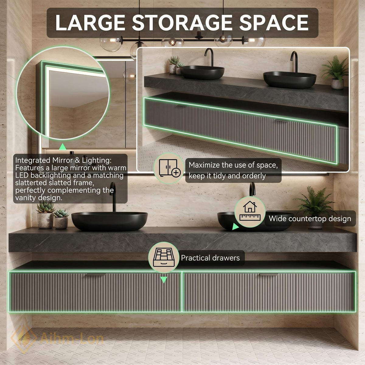 60''-96'' Double Bathroom Vanity with Sink Modern Floating Ribbed Panels Dark Stone