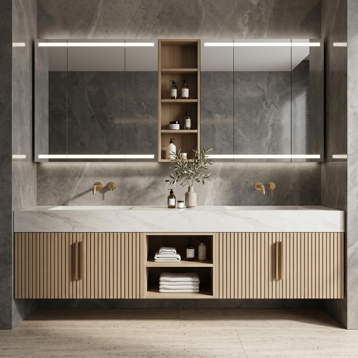 60''-96'' Double Bathroom Vanity with Sink Floating Slatted Vertical Panel Warm Woodgrain