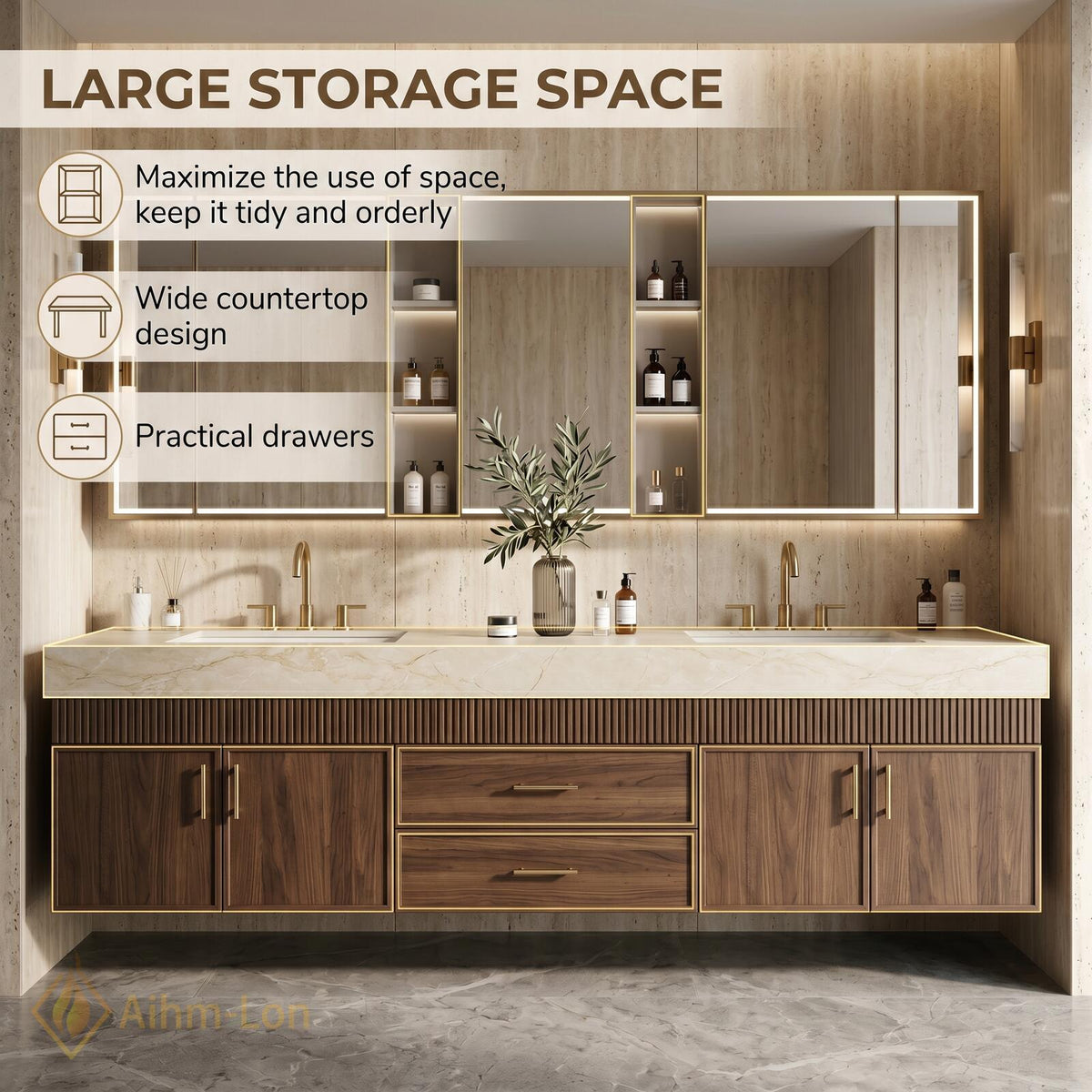 60''-96'' Double Bathroom Vanity with Sink Fluted Front Paneling Warm Wood Spacious Finish