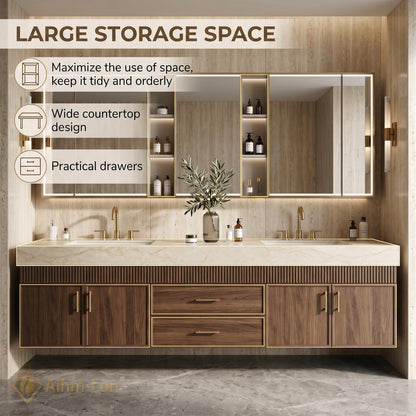 60''-96'' Double Bathroom Vanity with Sink Fluted Front Paneling Warm Wood Spacious Finish