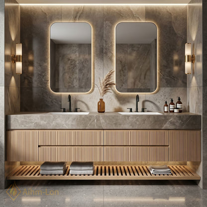 60''-96'' Double Bathroom Vanity with Sink Soft Gray Stone Vertical Slatted Panel