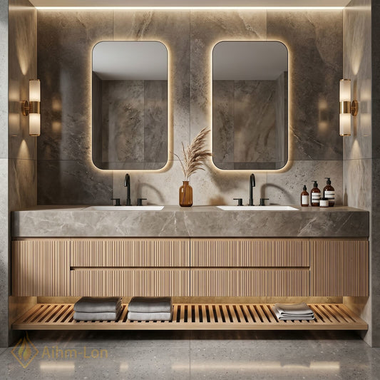60''-96'' Double Bathroom Vanity with Sink Soft Gray Stone Vertical Slatted Panel