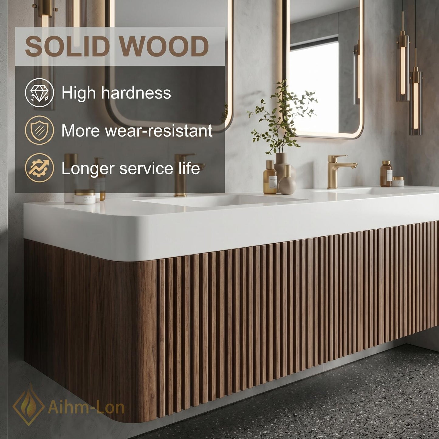 60''-96'' Double Bathroom Vanity with Sink Dark-Walnut Floating Slatted-Panel Open