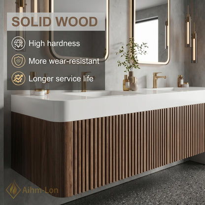 60''-96'' Double Bathroom Vanity with Sink Dark-Walnut Floating Slatted-Panel Open