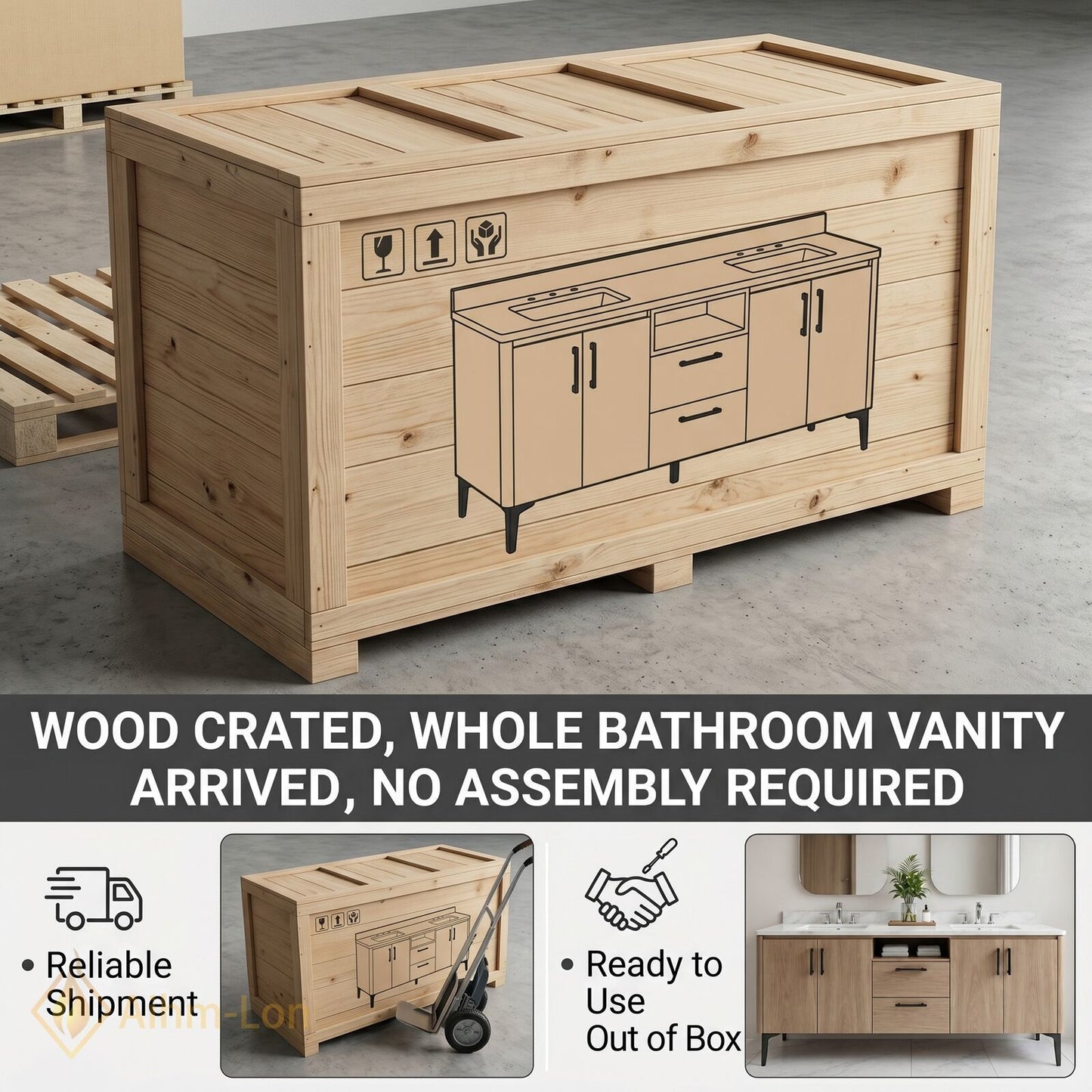 60''-96'' Modern Bathroom Vanity with Sink Floating Solid Wood Texture Dual Drawers