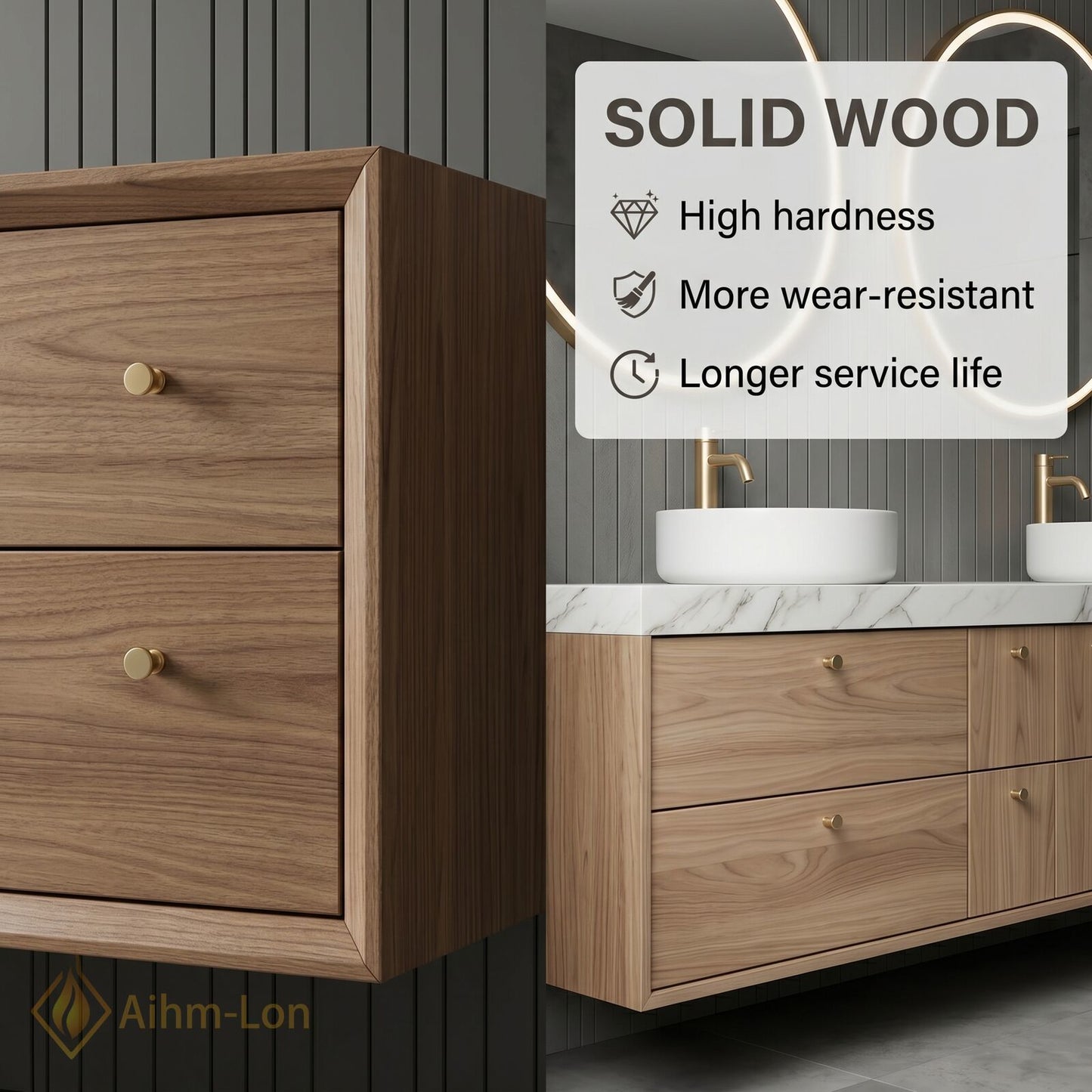 60''-96'' Double Bathroom Vanity with Sink Floating Wood-Grain Basin Frame Marble Pattern