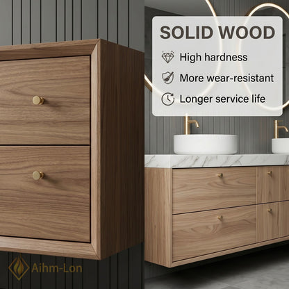 60''-96'' Double Bathroom Vanity with Sink Floating Wood-Grain Basin Frame Marble Pattern
