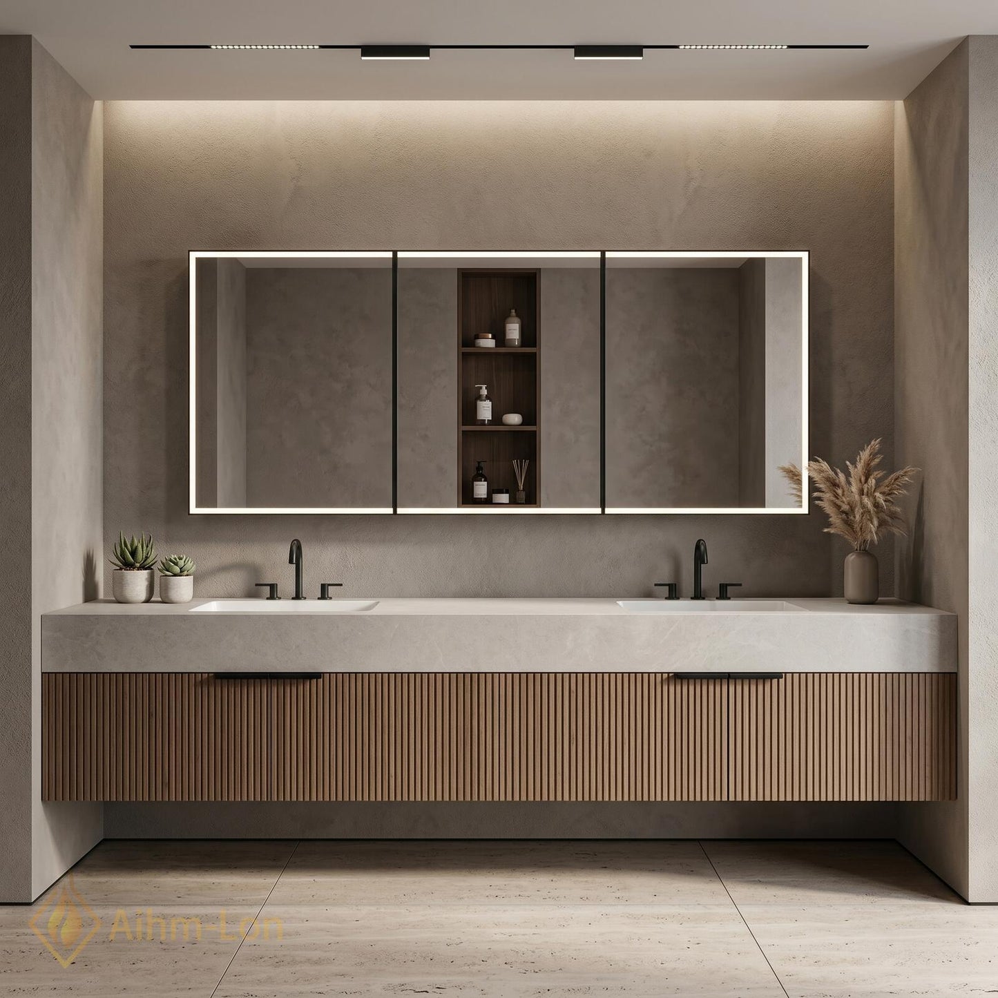 60''-96'' Double Bathroom Vanity with Sink Wood Modern Floating Slatted Stone-Top