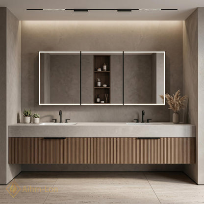 60''-96'' Double Bathroom Vanity with Sink Wood Modern Floating Slatted Stone-Top