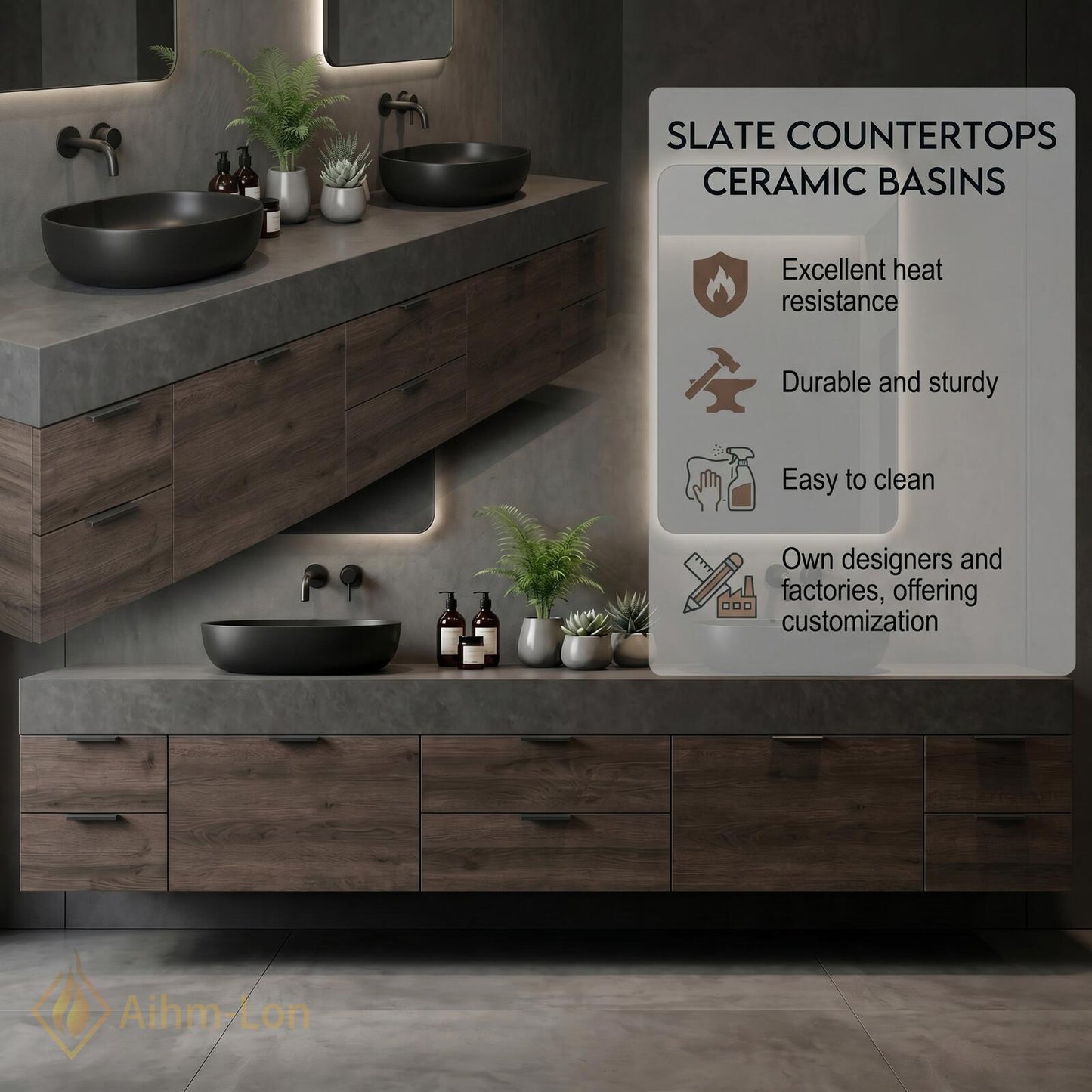 70''-96'' Double Bathroom Vanity with Sink Wood Modern Floating Stone Countertop Grain